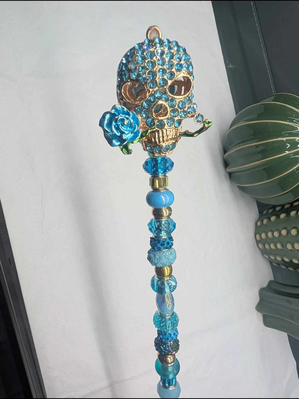 Hand Made Fairy Wand/Plant/Garden Stake W/Teal Skull Topper